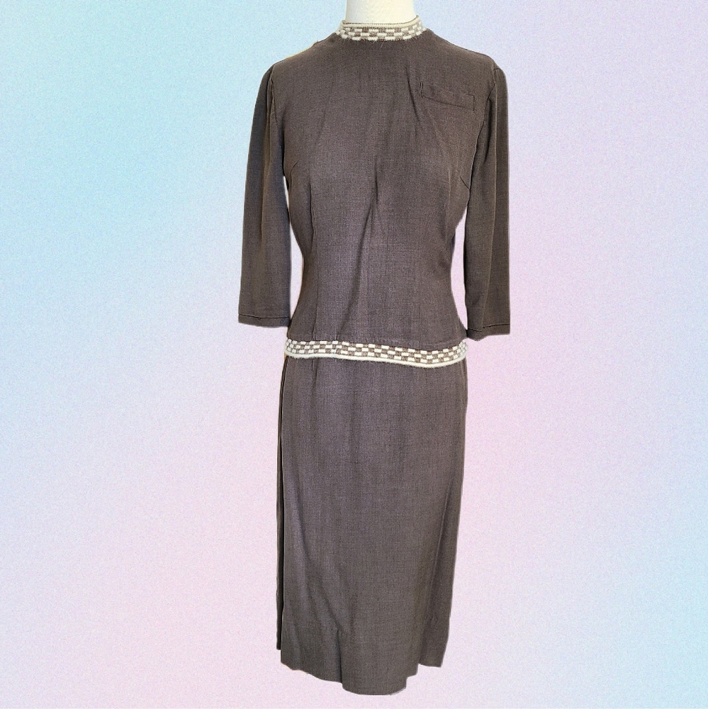Vintage light brown and off white 2 piece top and skirt set